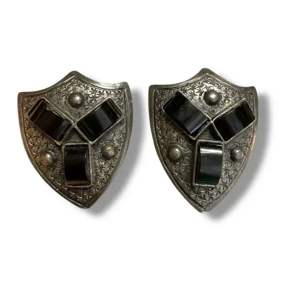 Sterling Silver Black Onyx Cuff Links Medieval Cufflinks Knight Shield Designer